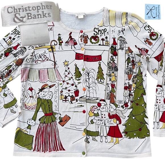 Christopher & Banks Holiday Christmas Mall Scene Sweater Cardigan Sz L As-Is - Picture 1 of 7